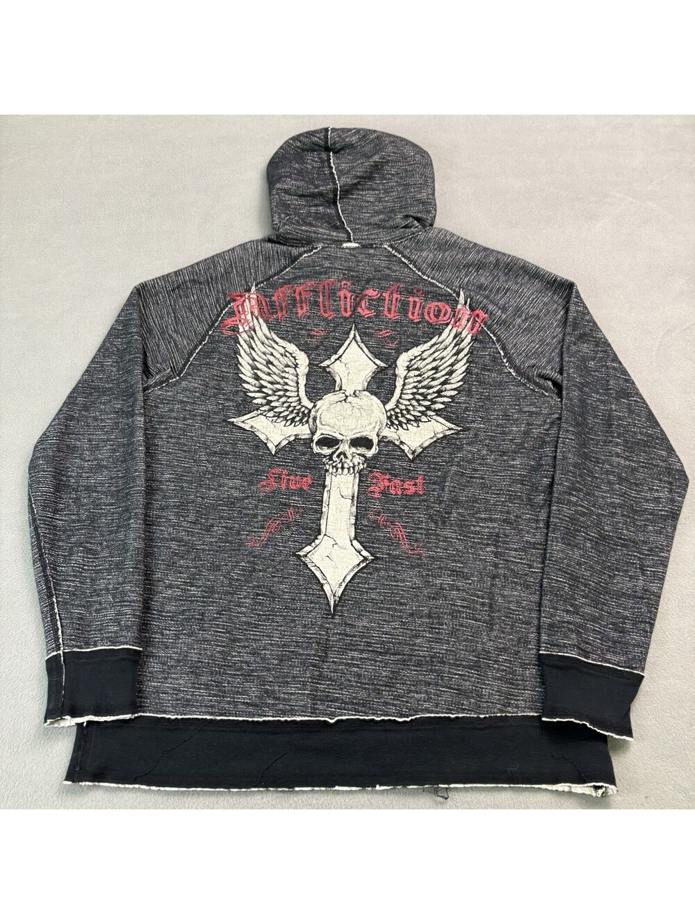 Vintage Y2K Affliction Reversible Skull Cross Pullover Hoodie XL Grunge Gray